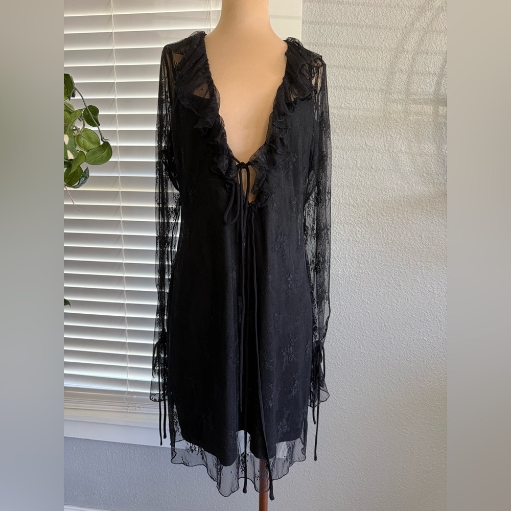 Whimsigoth Lace Overlay Mini Dress‎ Ruffle Plunge Neck Size 12 Bell Sleeves